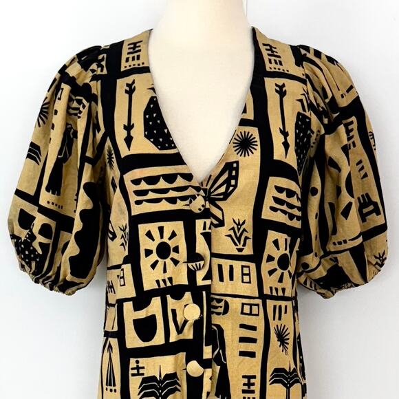 FARM Rio Linen Button-Down Jumpsuit Short Balloon Sleeve Beige/Black S - Picture 3 of 13